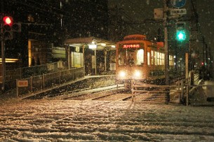 雪の中を進む都電荒川線

荒川区荒川遊園地前